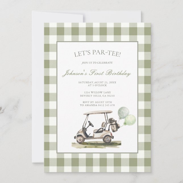 Sage Green Let's Par-Tee Golf 1st Birthday Party  Invitation (Front)