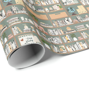 Sage Green Library Bookshelf Pattern Wrapping Paper