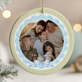 Sage Green & Light Blue Christmas Photo Ceramic Tree Decoration