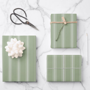 Sage Green & Light Grey Green Stripes Wrapping Paper Sheet