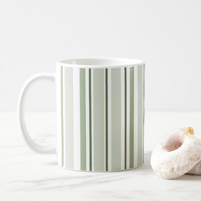 Sage Green (Light, Medium, Dark) and White Stripes Coffee Mug (With Donut)