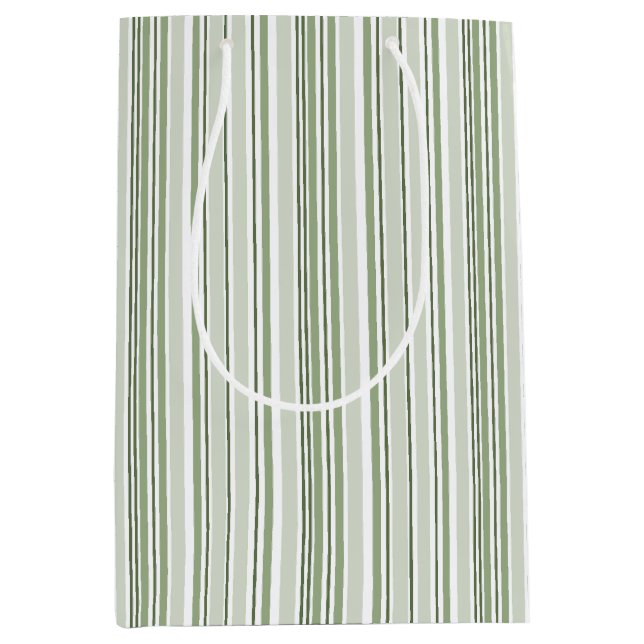 Sage Green (Light, Medium, Dark) and White Stripes Medium Gift Bag (Front)