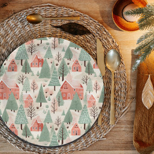 Sage Green Light Pink Pine Cones Roofs and Trees Paper Plate