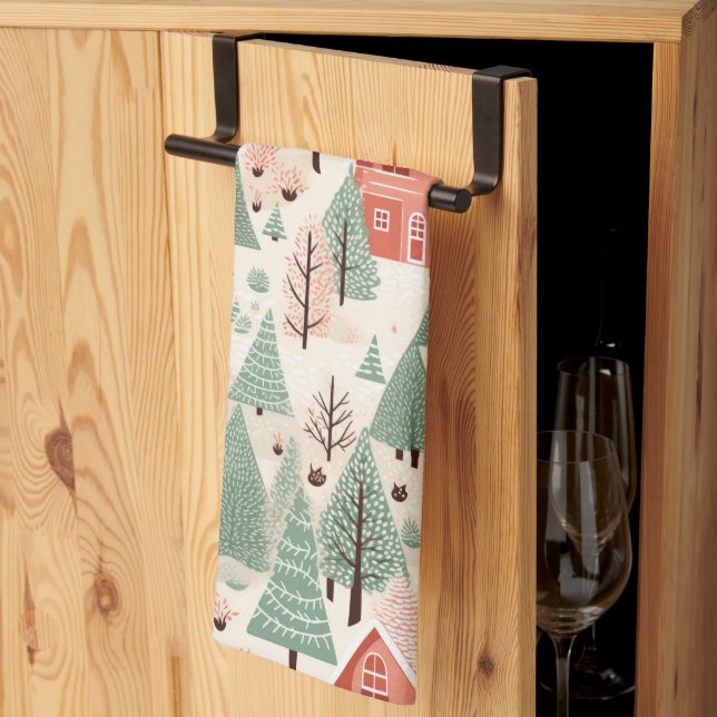 Sage Green Light Pink Pine Cones Roofs and Trees Tea Towel (Thirds Fold)