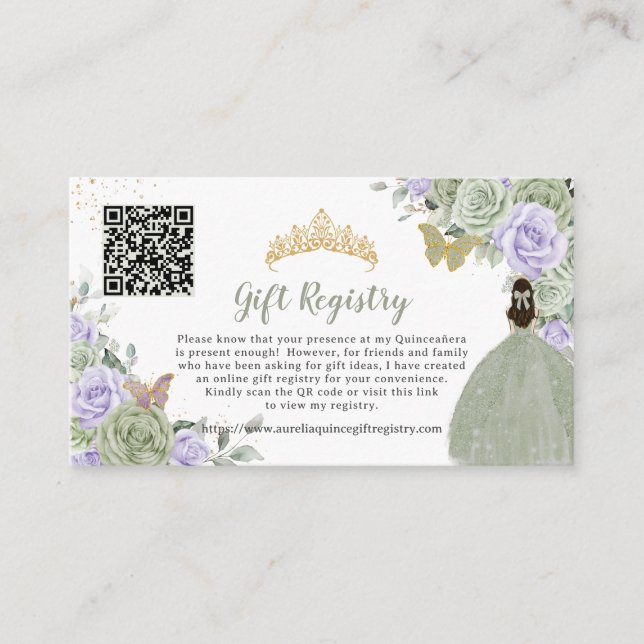Sage Green Lilac Floral Quinceañera Gift Registry Enclosure Card (Front)