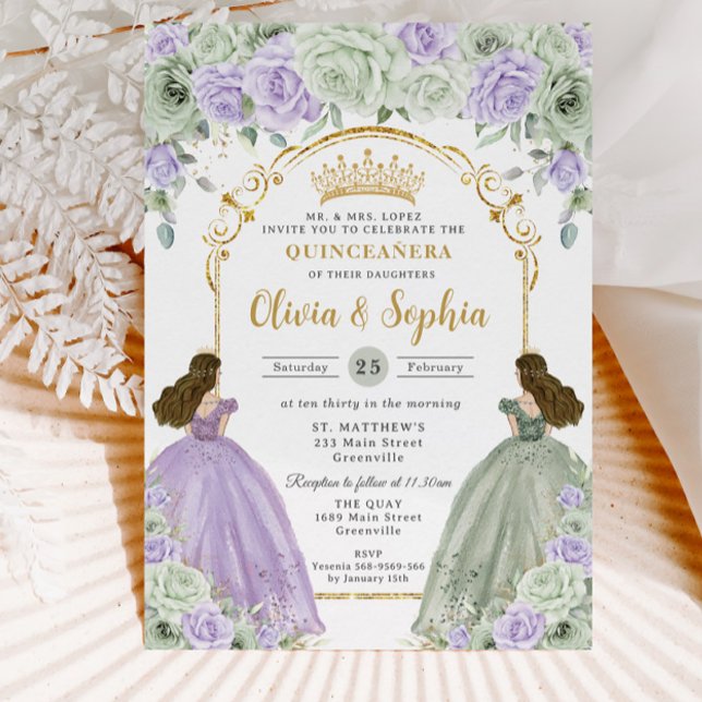 Sage Green Lilac Floral Twin Girls Quinceañera  Invitation (Creator Uploaded)