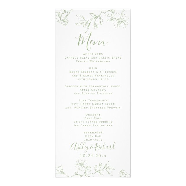 Sage green line art blossoms wedding menu card (Front)