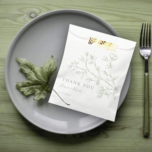 Sage green line art flowers Thank You wedding  Favour Bags (Creator Uploaded)