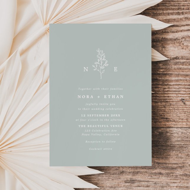 Sage Green Line Art Leaf Monogram Wedding Invitation (Creator Uploaded)