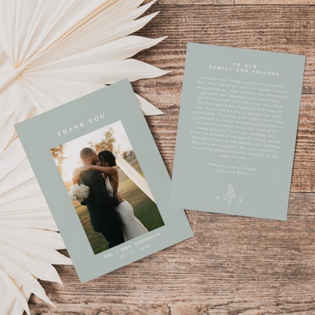 Sage Green Line Art Leaf Monogram Wedding Thank You Card (Creator Uploaded)