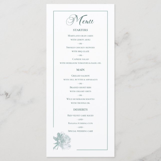 Sage Green Line Art Rose Dinner Details Wedding Menu (Front)