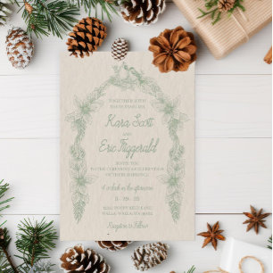 Sage Green Line Art Woodland floral Wedding Invitation