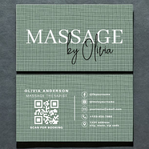 Sage Green Linen Massage Therapist QR Code Business Card