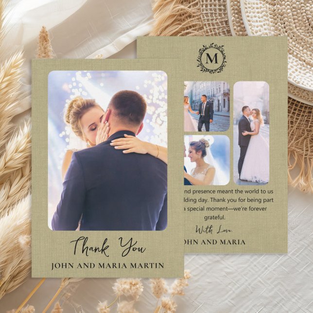 Sage Green Linen Wedding Photo Collage Thank You Card (Elegant sage green linen design wedding photo collage Thank You card)