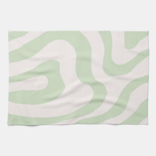 Sage Green Liquid Swirl Groovy Stripe Y2K Pattern Tea Towel