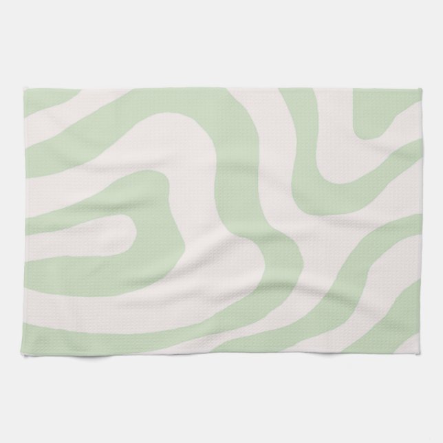 Sage Green Liquid Swirl Groovy Stripe Y2K Pattern Tea Towel (Horizontal)