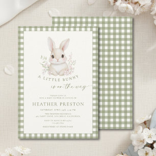 Sage Green Little Bunny Gingham Baby Shower Invitation