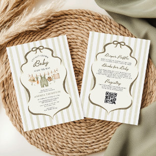 Sage Green Locally Grown Baby Shower Bow Stripes Invitation