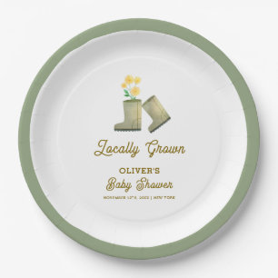 Sage Green Locally Grown Floral Boots Baby Shower Paper Plate