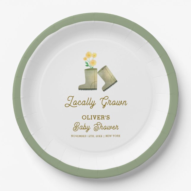Sage Green Locally Grown Floral Boots Baby Shower  Paper Plate (Front)
