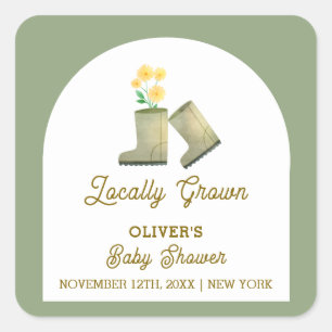 Sage Green Locally Grown Floral Boots Baby Shower Square Sticker