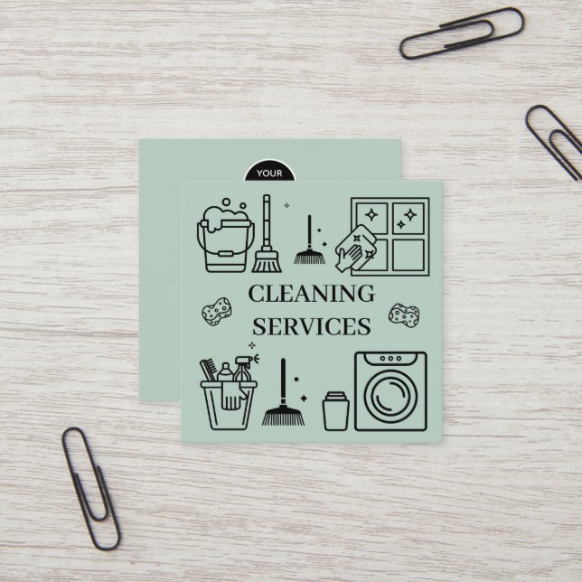 Sage Green Logo Cleaning Services Commercial Square Business Card (Front/Back In Situ)