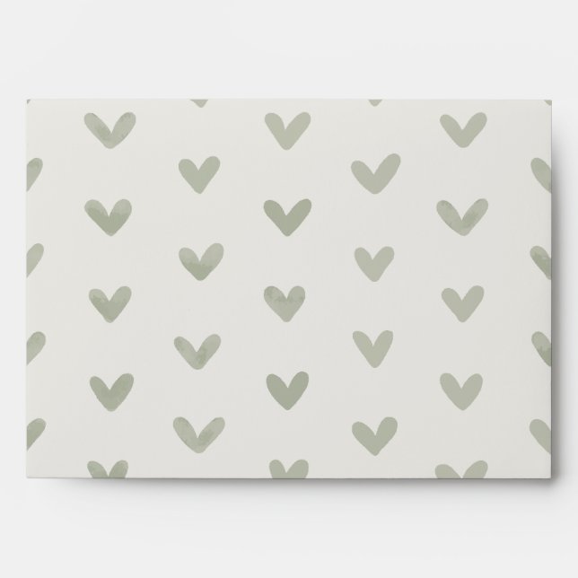 Sage Green Love Hearts Pattern Offwhite Envelope (Front)