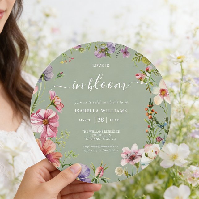 Sage Green Love in Bloom Floral Bridal Shower Invitation (Front of round 5.25 inch invite is shown, choose paper and corner style. Add a QR Code to the back.)