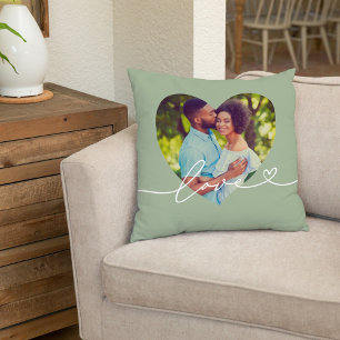 Sage Green Love Script Heart Photo Cushion