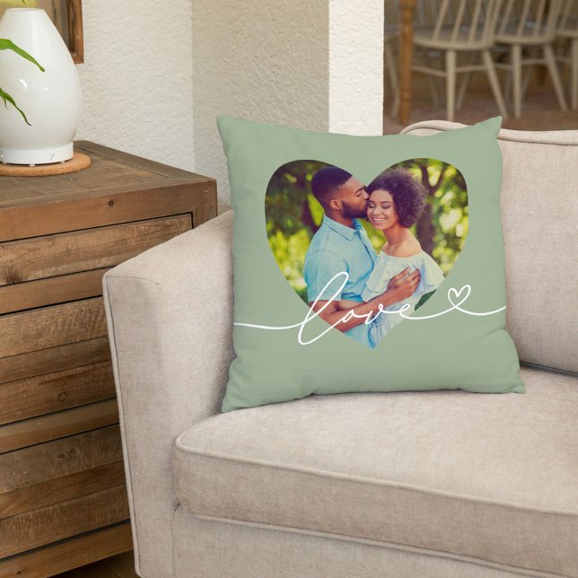 Sage Green Love Script Heart Photo Cushion (Creator Uploaded)