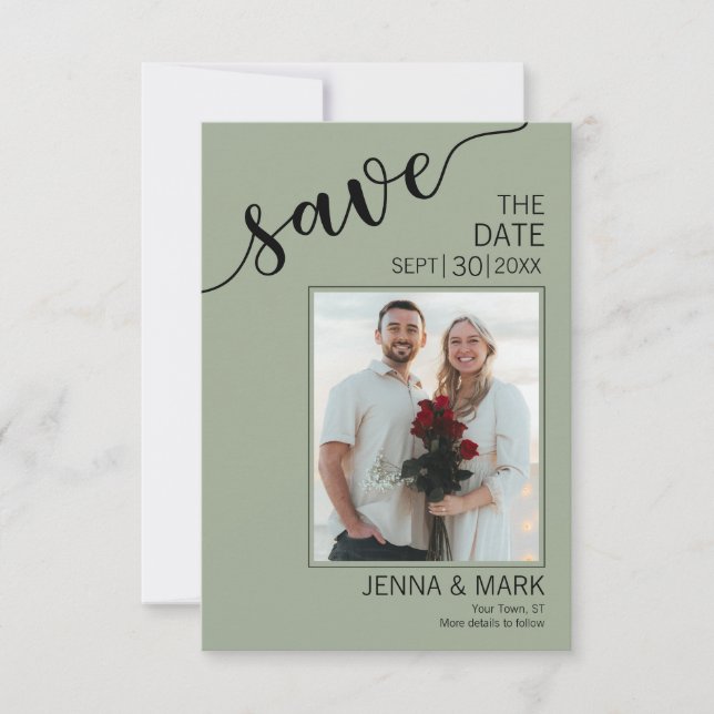 Sage Green Love Script Photo Save the Date (Front)