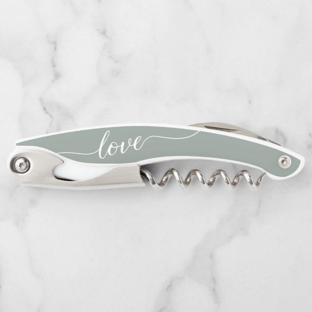 Sage Green Love Thank You Wedding Favour  Corkscrew (Front)