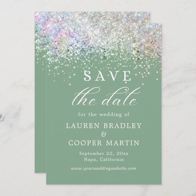 Sage Green Luxury Glitter Wedding Save The Date (Front/Back)
