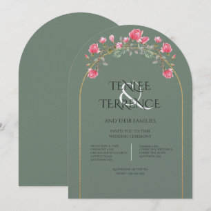 Sage Green Magnolia Blossoms Gold Frame Wedding Invitation