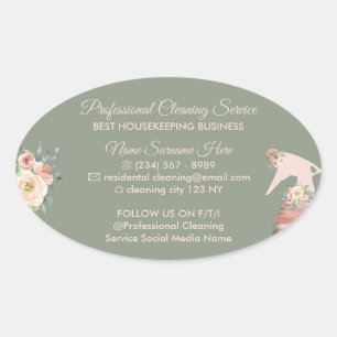 Sage Green Maid Spray Flower Cleaning Oval Sticker