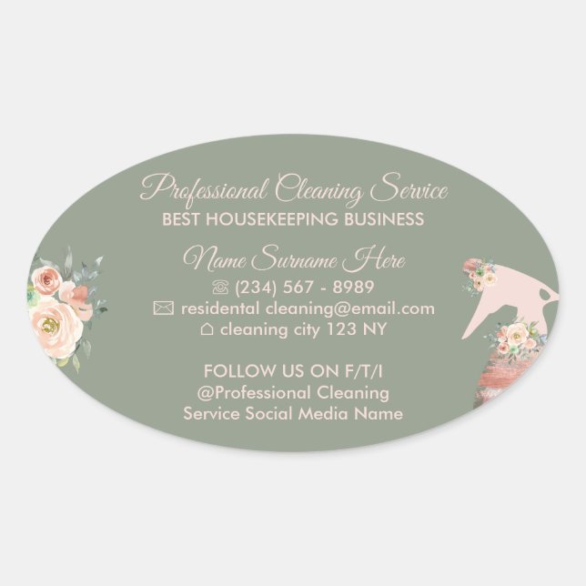 Sage Green Maid Spray Flower Cleaning Oval Sticker (Front)