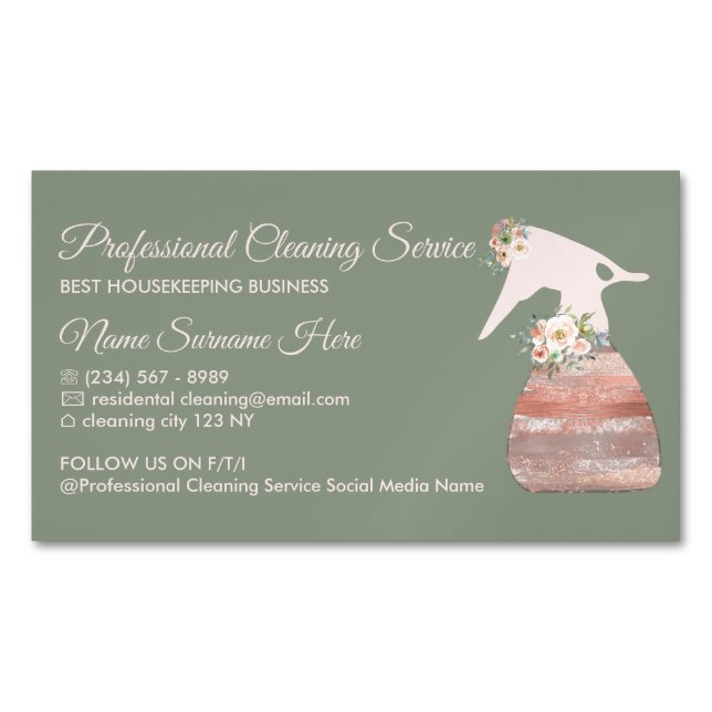 Sage Green Maid Spray Flower Glamour Cleaning Magnetic Business Card (Front)
