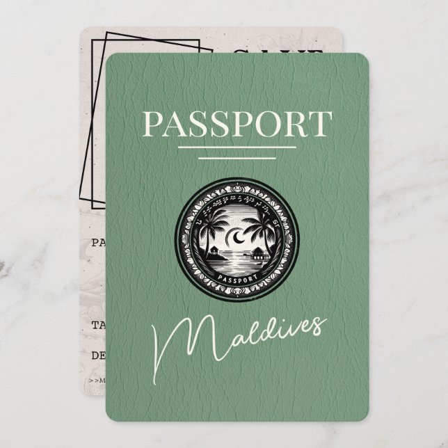 Sage Green Maldives Passport Save The Date (Front/Back)