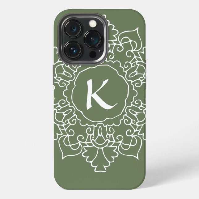 Sage Green Mandala Monogram Modern Simple Custom iPhone Case (Back)