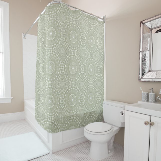 Sage Green Mandala Pattern Shower Curtain (In Situ)
