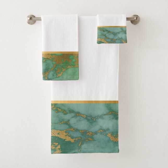 SAGE GREEN MARBLE GOLD BATHROOM TOWEL SET (Insitu)