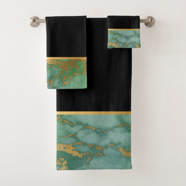 SAGE GREEN MARBLE GOLD BLACK BATHROOM TOWEL SET (Insitu)