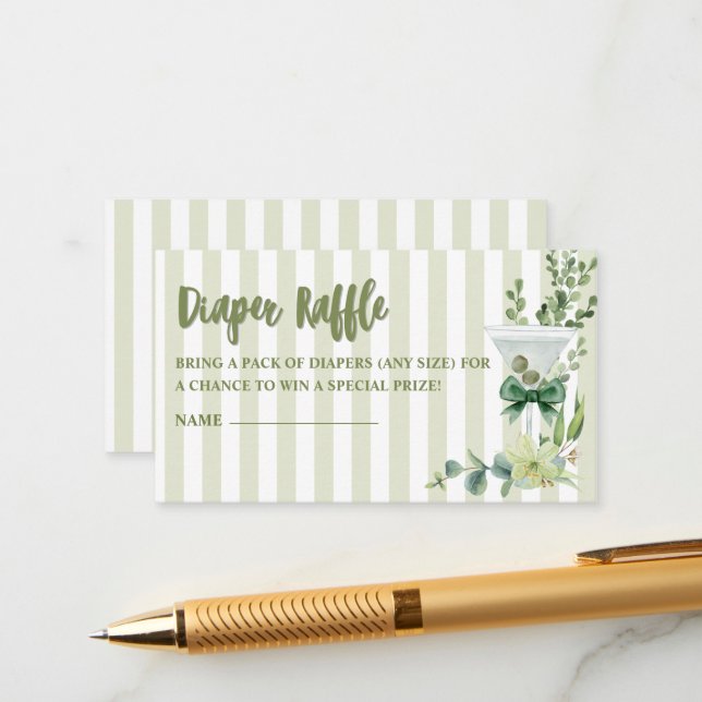 Sage green martini Baby Shower Diaper Raffle Enclosure Card (Front/Back In Situ)