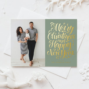 Sage Green Merry Christmas Calligraphy Photo Foil Holiday Postcard