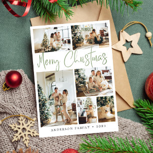 Sage Green Merry Christmas Calligraphy Photo Holiday Card