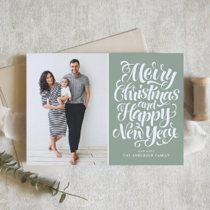 Sage Green Merry Christmas & Happy New Year Photo Holiday Card