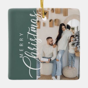 Sage Green Merry Christmas Photo Ceramic Ornament