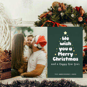 Sage Green Merry Christmas Tree Family Stars Foil Holiday Card