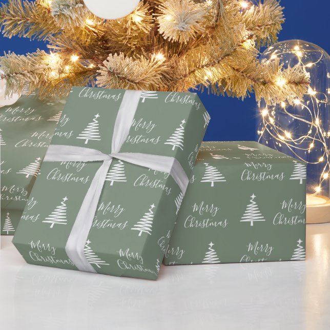 Sage Green Merry Christmas White Christmas Tree  Wrapping Paper (Holidays)
