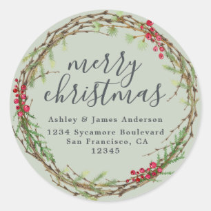 Sage Green Merry Christmas Wreath Return Address Classic Round Sticker